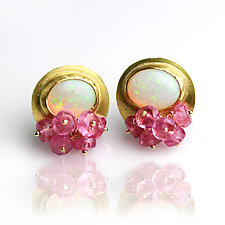 Golden Australian Opal Post Earrings with Pink Sapphire Clusters by Wendy Stauffer (Gold, Silver & Stone Earrings)