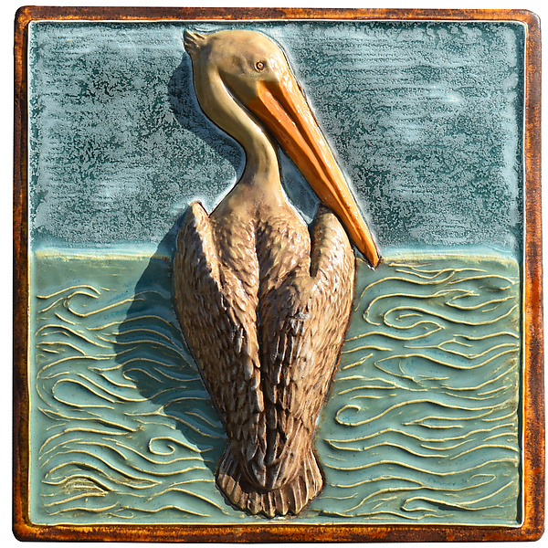 Pelican Ceramic Art Sculptural Tile in Teal and Frosty Gray