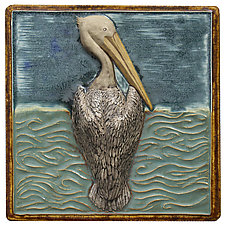 Pelican Ceramic Art Sculptural Tile in Teal and Frosty Gray by Beth Sherman (Ceramic Wall Sculpture)
