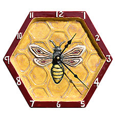 Honeycomb Honeybee Wall Clock in Maroon & Yellow by Beth Sherman (Ceramic Clock)