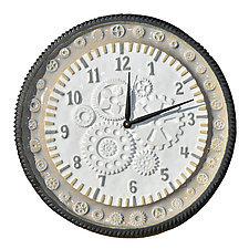 Gears Ceramic Clock in Arctic, Oyster & Steel Glazes by Beth Sherman (Ceramic Clock)