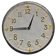 Little Bugs Ceramic Wall Clock in Gray, Steel, Yellow, and Green Glazes by Beth Sherman (Ceramic Clock)