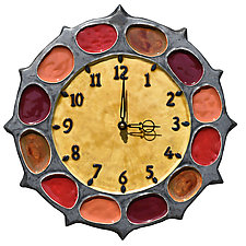 Nautical Wheel Ceramic Art Wall Clock in Steel, & Yellow & Red Glazes by Beth Sherman (Ceramic Clock)