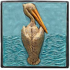 Pelican Tile in Seafoam and Steel Glazes by Beth Sherman (Ceramic Wall Sculpture)