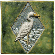 Egret Ceramic Art Sculptural Tile in Green Ocher by Beth Sherman (Ceramic Sculpture)
