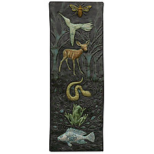 Totem of Animals on Burnished Steel Background by Beth Sherman (Ceramic Sculpture)