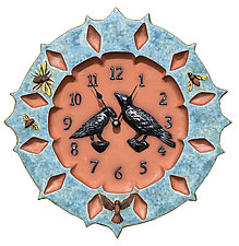 Ravens Ceramic Wall Clock in Turquoise & Terra Cotta by Beth Sherman (Ceramic Clock)