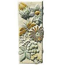 Botanical, Moth & Honeybee Tall Ceramic Tile in Cream, Moss & Amber by Beth Sherman (Ceramic Wall Sculpture)