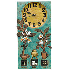 Coffee, Tea, Eggs Ceramic Wall Clock on Terra Cotta by Beth Sherman (Ceramic Clock)