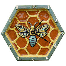 Honeycomb Honeybee Wall Clock in Teal & Orange by Beth Sherman (Ceramic Clock)