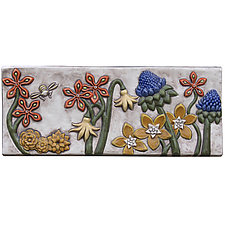 Botanical and Bees Ceramic Tile in Off White Background by Beth Sherman (Ceramic Wall Sculpture)