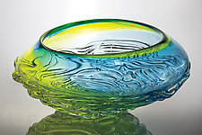 Large Ripple Wave Bowl in Turquoise and Lime by Mariel Waddell and Alexi Hunter (Art Glass Bowl)