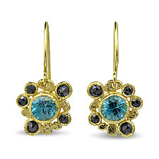 Blue Zircon Earrings with Black Diamonds by Rona Fisher (Gold & Stone Earrings)