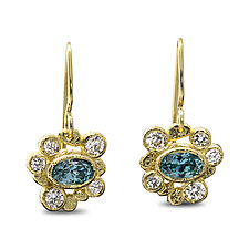 Oval Blue Zircon Earrings with Diamonds by Rona Fisher (Gold & Stone Earrings)