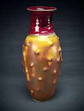 Modest Red and Mottled Orange Vessel with Protrusions by Daniel Bennett (Ceramic Vase)