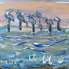 Pelicans on Posts, Peach Sky by Shannon Bueker (Acrylic Painting)
