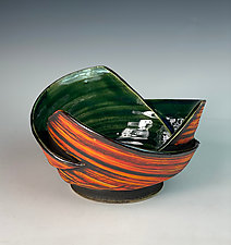 Spiraling Metallic Green Bowl by Thomas Harris (Ceramic Bowl)
