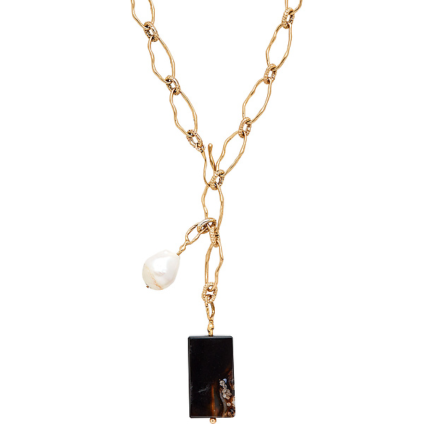 Perla Bronze Pearl Cherry Blossom Agate Tablet Pendant Lariat Necklace