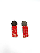 Red Swirl Porcelain Dangle Earrings by Maia Leppo (Silver & Steel Earrings)