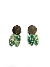 Green Dash Porcelain Dangle Earrings by Maia Leppo (Silver & Steel Earrings)