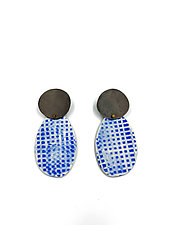 Blue Grid Porcelain Dangle Earrings by Maia Leppo (Silver & Steel Earrings)