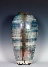 Glazed Blue Raku Vase with Copper Red, Pink, Blue, and Green Flashing by Frank Nemick (Ceramic Vessel)
