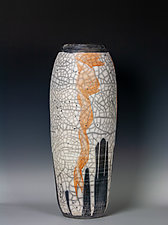 Naked Raku Vessel with Orange Brushwork I by Frank Nemick (Ceramic Vessel)