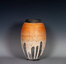 Orange to White Naked Raku Vase by Frank Nemick (Ceramic Vessel)