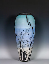 Sea Green, Blue, and White Naked Raku Vase by Frank Nemick (Ceramic Vessel)