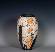 White Naked Raku Vase with Orange Brush Strokes by Frank Nemick (Ceramic Vessel)