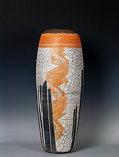 Naked Raku Vessel with Orange Brushwork III by Frank Nemick (Ceramic Vessel)