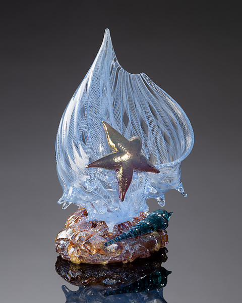 Aquamarine Latticino Shell Sculpture with Auger Shell and Sea Star