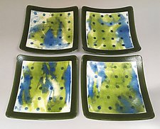 Four Green Dotty Dishes by Martha Pfanschmidt (Art Glass Serving Piece Set)