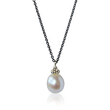 Pearl Drop Pendant Necklace with Three Diamond Cluster by Karin Jacobson (Gold, Silver & Stone Necklace)
