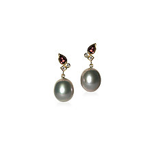 Confetti Gray Pearl Earrings with Rhodolite Garnets and Diamonds by Karin Jacobson (Gold, Pearl & Stone Earrings)