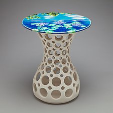 Blue/Turquoise Water Lily Motif Pierced Ceramic Hourglass Table by Lynne Meade (Ceramic Side Table)
