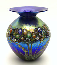 Silver Blue Round Vines Vase by Ken Hanson and Ingrid Hanson (Art Glass Vase)