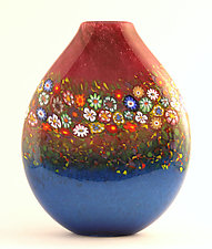 Ruby and Aqua Wildflower Pouch Vase by Ken Hanson and Ingrid Hanson (Art Glass Vase)