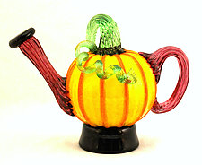Yellow and Orange Pumpkin Teapot by Ken Hanson and Ingrid Hanson (Art Glass Sculpture)