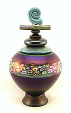 Copper Ruby Lidded Vessel with Nautilus Lid by Ken Hanson and Ingrid Hanson (Art Glass Vessel)