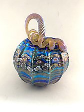 Large Silver Blue Vines Pumpkin by Ken Hanson and Ingrid Hanson (Art Glass Sculpture)