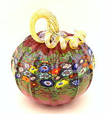 Medium Ruby Wildflower Pumpkin by Ken Hanson and Ingrid Hanson (Art Glass Sculpture)