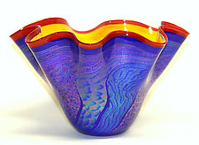 Yellow, Cobalt, and Red Fluted Dichroic Bowl by Ken Hanson and Ingrid Hanson (Art Glass Vase)