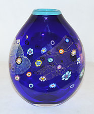 Large Flattened Cobalt Blossom Pouch by Ken Hanson and Ingrid Hanson (Art Glass Vase)