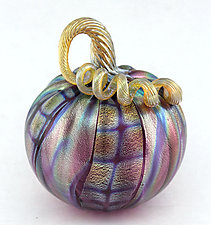 Medium Amethyst Tie Dye Pumpkin by Ken Hanson and Ingrid Hanson (Art Glass Sculpture)