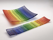 V Tapestry Channel Tray and Square Plate in Multi Colors by Richard Parrish (Art Glass Tray)