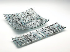 V Tapestry Channel Tray and Square Plate in Black, Gray, White, and Turquoise by Richard Parrish (Art Glass Tray)