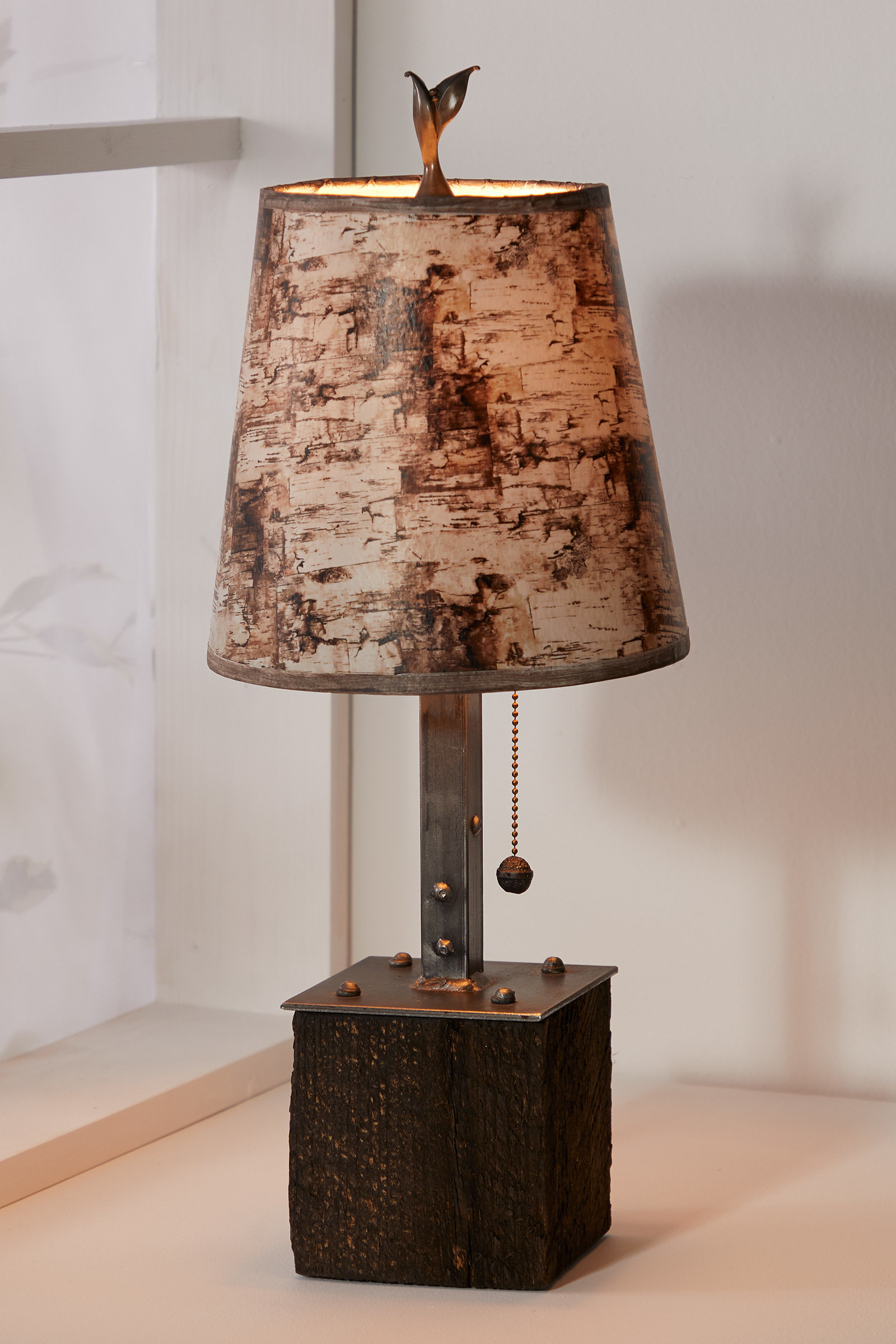 Birch Bark Steel Table Lamp On, Reclaimed Wood Table Lamps