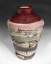 Bottle with Red Wheel Thrown Top by Albert Goldreich (Ceramic Jar)