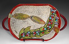 Red Handled Platter with Leaves by Albert Goldreich (Ceramic Platter)
